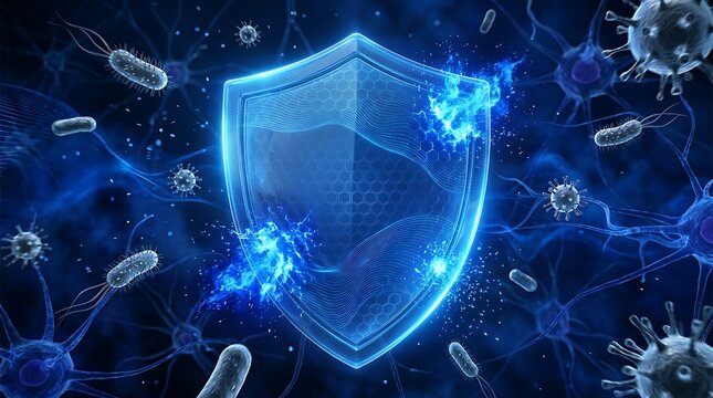 Digital blue shield hologram protects body from microscopic viruses and bacteria, symbolizing health and immunity in futuristic medical concept.
