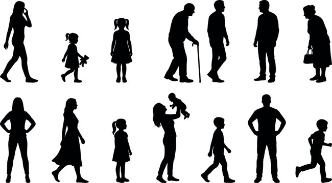 People Silhouette Set With Walking Standing Family And Human Life Stage Vector Illustration On White Background