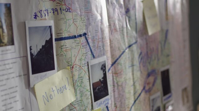 Cinematic side angle of a crime mystery wall with polaroids and search clues, shallow depth of field.