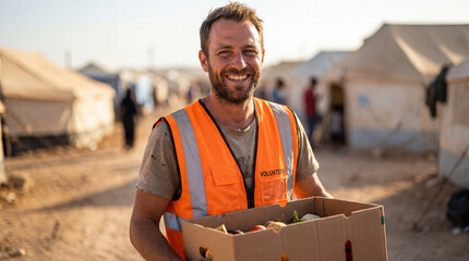 World Refugee Day volunteer with food box optimistic compassionate humanitarian aid support for awareness campaign promotional charity design