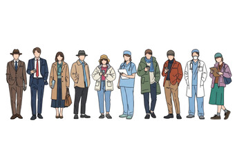 Obraz premium A diverse group of people standing in a row, including professionals and casual individuals isolated on transparent background