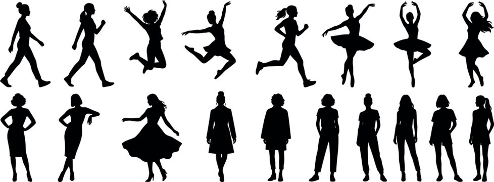 Female Silhouette Collection with Walking, Dancing, Fitness, and Fashion Women Poses for Creative Vector Design Projects