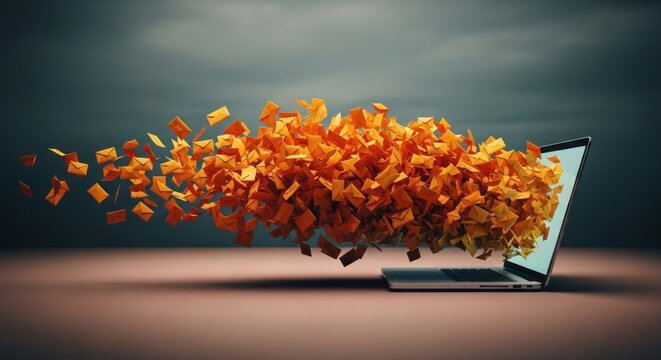 A laptop explodes with vibrant orange particles flying everywhere indoors.
