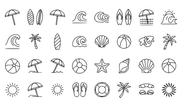 Minimal beach vacation elements vector set with surfboard and ocean icons