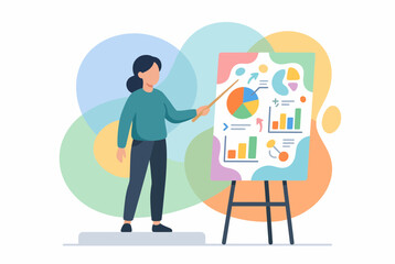 Naklejka premium Woman Presenting Data Analysis and Statistics on a Flipchart