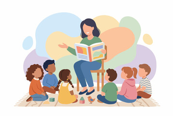 Fototapeta premium Teacher reading a book to diverse preschool children in classroom