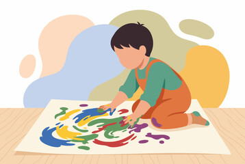 Fototapeta premium Preschool Boy Finger Painting on Floor Vector Illustration