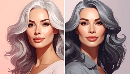 Naklejka premium Split portrait of two women with contrasting hair colors.