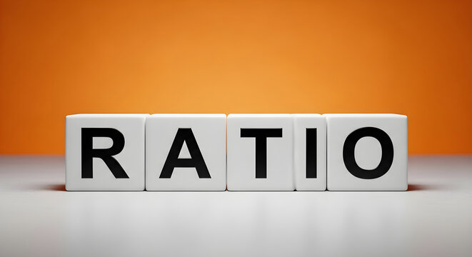 Ratio word on white blocks, financial analysis and mathematical proportion concept, business data comparison on orange background