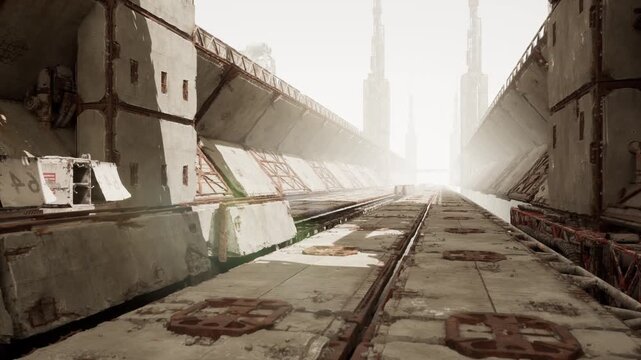 Sunlit deserted industrial corridor tracks leading into bright haze, angular concrete walls and rusted rails framing vanishing perspective. Scene feels