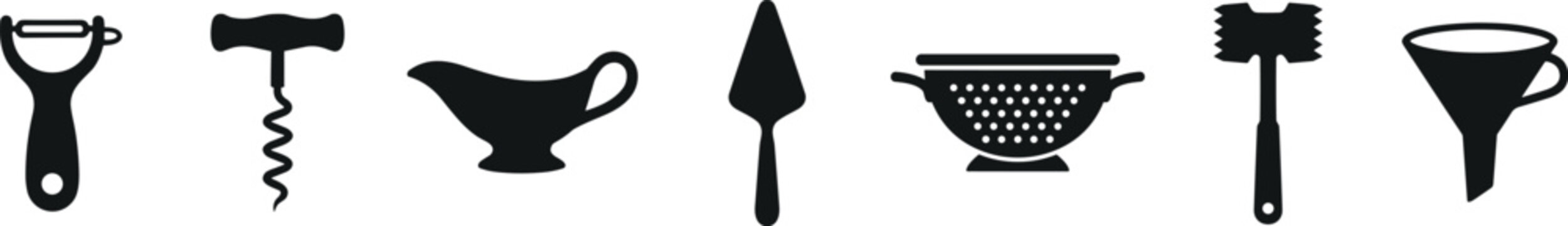 Kitchen Utensil Silhouette Icons Set With Peeler Corkscrew Colander Funnel And Cooking Tools Vector Design Collection