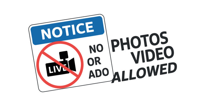 notice no photos or video allowed sign, camera and video recording ban icons pack, media capture restriction warning labels, public area no filming signage set, clean minimal vector illustration.