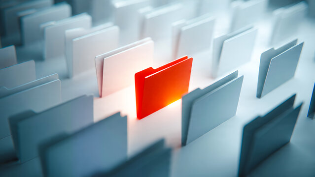 A single red document folder glows faintly among the calm, neutral white folders, a metaphor for premium minimalist urgency, and elegant editorial corporate humor.