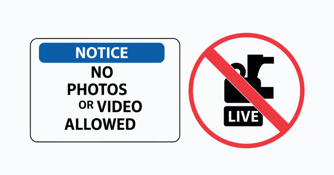 notice no photos or video allowed sign, photography and recording prohibition symbol set, media restriction warning icons collection, no camera zone signage pack, flat vector illustration design.