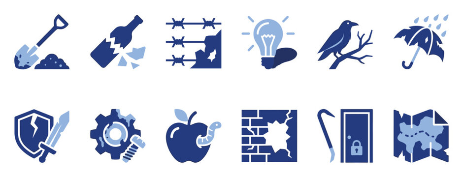 Problem solution challenge flat style icon set. Difficulty obstacle concept.