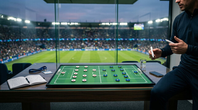 Magnetic soccer tactical board with numbered pieces on a desk in a stadium VIP box, featuring a professional coach holding markers and notebooks for match strategy and analysis.