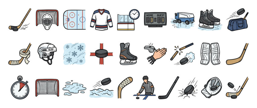 Hockey gear. Winter items. Outline icon collection. Vector illustration.