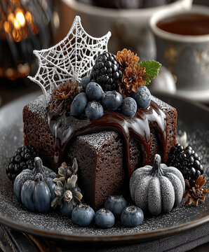 Decadent Halloween chocolate cake decorated with berries, mini pumpkins, and a spiderweb