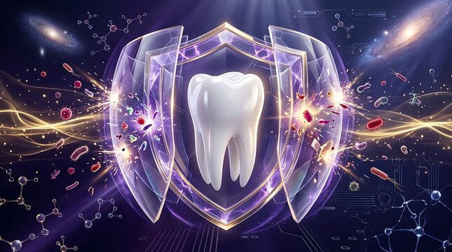 Tooth protected by advanced shield against microscopic bacteria and viruses, representing dental hygiene and healthcare innovation