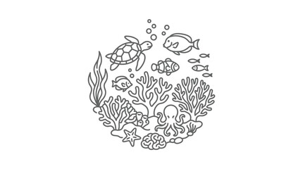 Round coral reef illustration with octopus and sea turtle. © mawar
