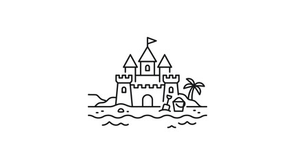 Fototapeta premium Simple line drawing of a sandcastle with palm tree