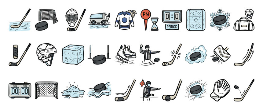 Hockey game icons. Ice sport symbols. Equipment pictograms. Outline style vector.