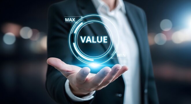 Hand holding 'value' concept with max and min indicators business strategy