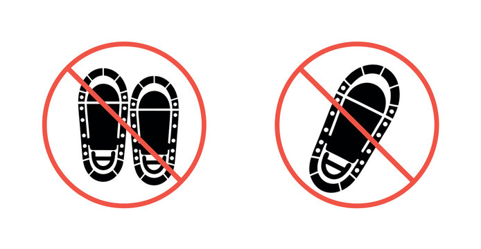prohibition sign indicating no shoes allowed in this area shoe removal required icon, footwear ban warning label collection, cleanliness control signage pack, minimal line stroke vector graphics.