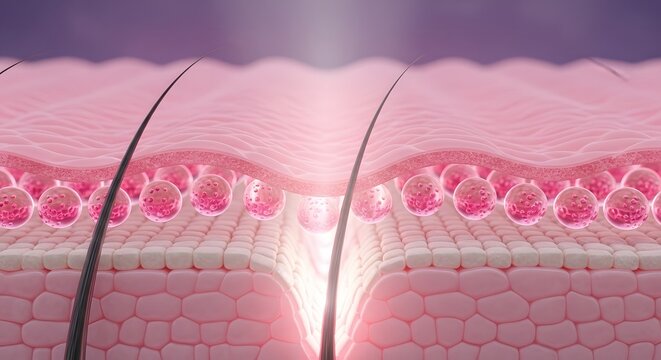 Microscopic cross section of skin layer with hair strands and glowing colorful balls