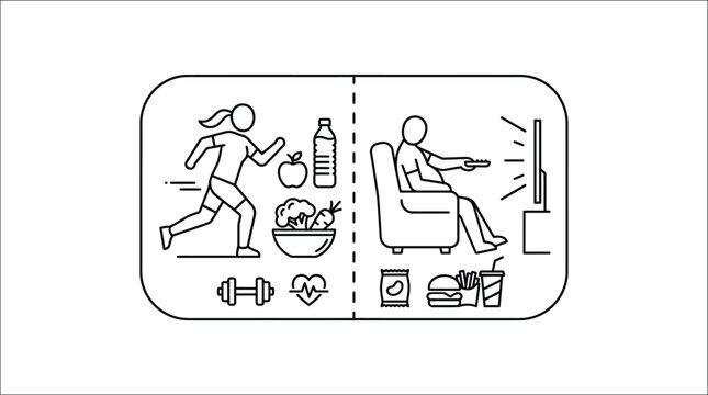 Healthy lifestyle versus sedentary habits comparison line art illustration.