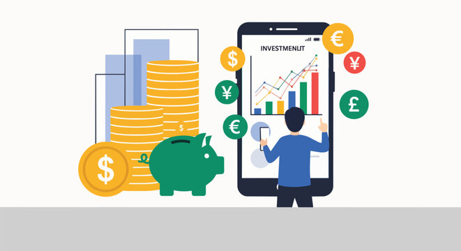 Financial graph on smartphone screen surrounded by currency symbols and piggy bank with stacked coins, concept for investment, finance and savings.