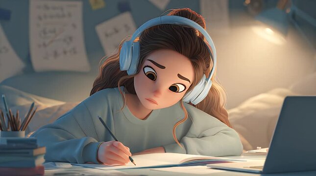 Animated student with headphones studies at desk under lamp, focused and studious