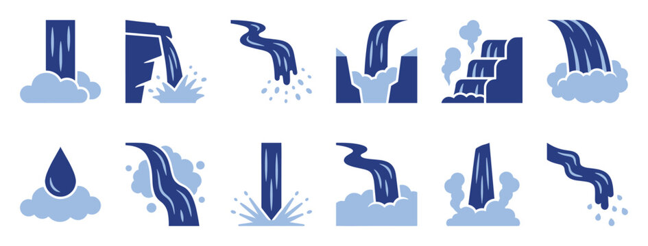 Water flow icon. Waterfall symbol. Liquid drop graphic. Flat style pack.