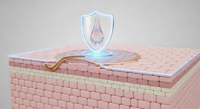 Protective shield with a serum drop over 3D skin layers block cross section with a single hair strand