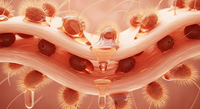 Microscopic view of bacteria and serum droplets on skin layers with hair follicles