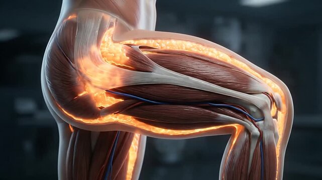 Detailed 3D animation of human knee joint revealing muscles ligaments and bones for biomechanics study