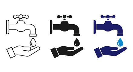 Fototapeta premium Water Conservation Icons, Save Water Symbols, Hand Holding Faucet Vectors, Water Droplet Illustrations