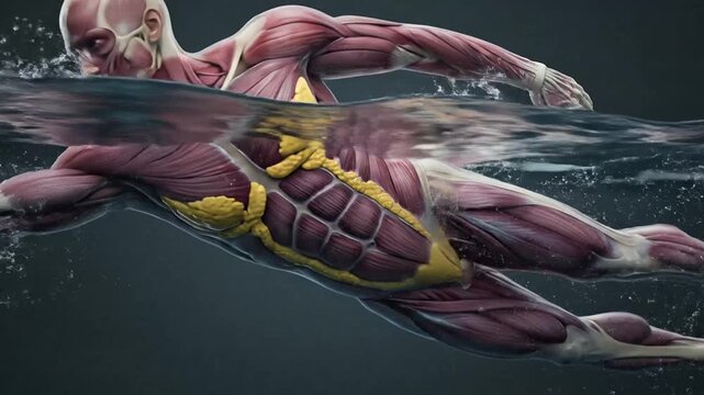 Dynamic underwater exploration of human musculature and skeletal anatomy in motion showcasing fluid swimming movements