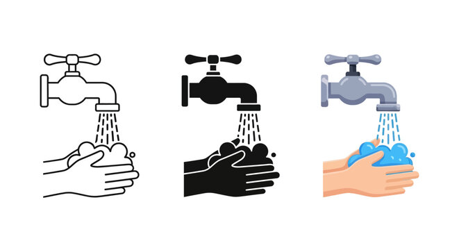 Handwashing icons, wash hands under faucet, hygiene symbols, water taps