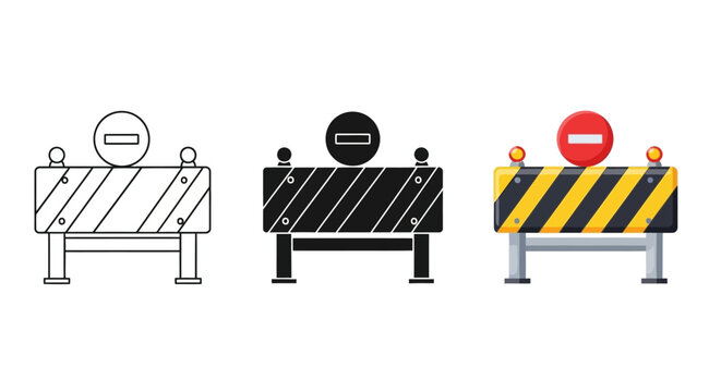 Road blocker icons, barrier signs, traffic obstruction symbols, construction barriers
