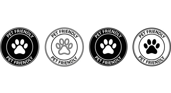 Pet friendly icons, dog paw prints, black and white labels, pet friendly business signs, vector graphics