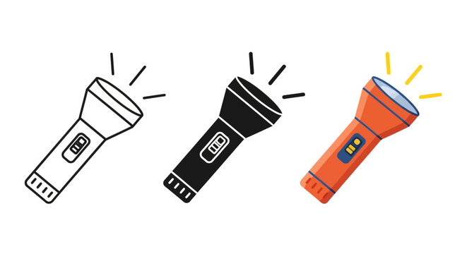 Flashlight icons, colorful torch signs, beam lights, illumination symbols, vector graphics