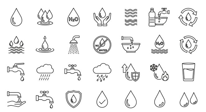 Water Conservation Icons, Droplet Symbols, Eco-Friendly Graphics, 25 Water Saving Signs