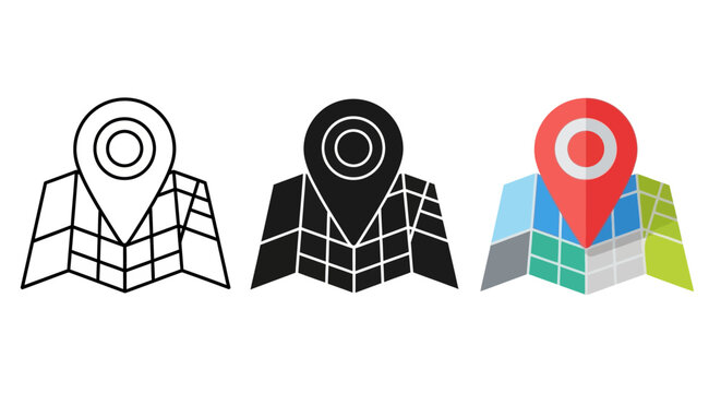 Map pin icons, location markers, navigation symbols, vector graphics