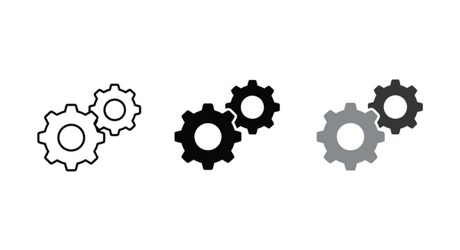 A versatile set of two interlocking gear icons presented in outline, solid black, and gray fill styles, representing system settings, mechanism, and process optimization for user interface design