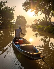 Fototapeta premium Man in small boat on serene river.