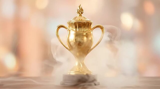 Elegant gold trophy with swirling smoke effects captured in a series of dynamic frames showcasing celebration and achievement