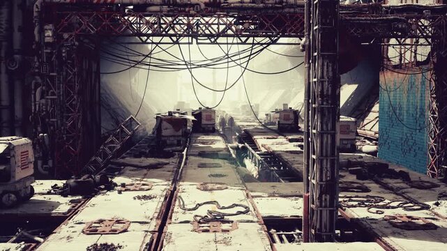 tangled cables in ruined hangar interior under muted light, collapsed trusses and scattered crates create salvage environment, drone survey paths and explorer
