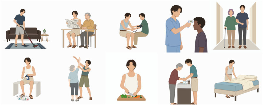 Young Caregiver Providing Professional Home Care Services and Support for Elderly People Illustrations