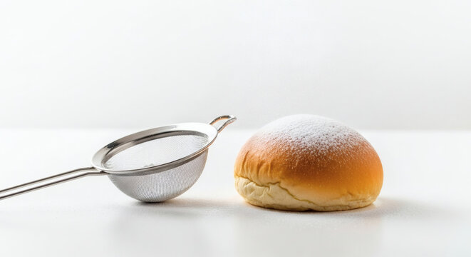 Dusted bun with metal sifter beside.